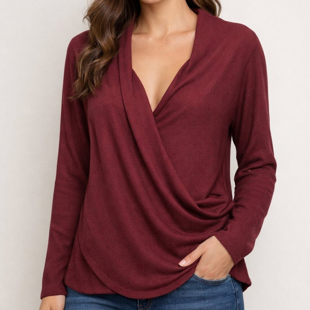 1.STATE Burgundy Faux Wrap Long Sleeve Blouse M